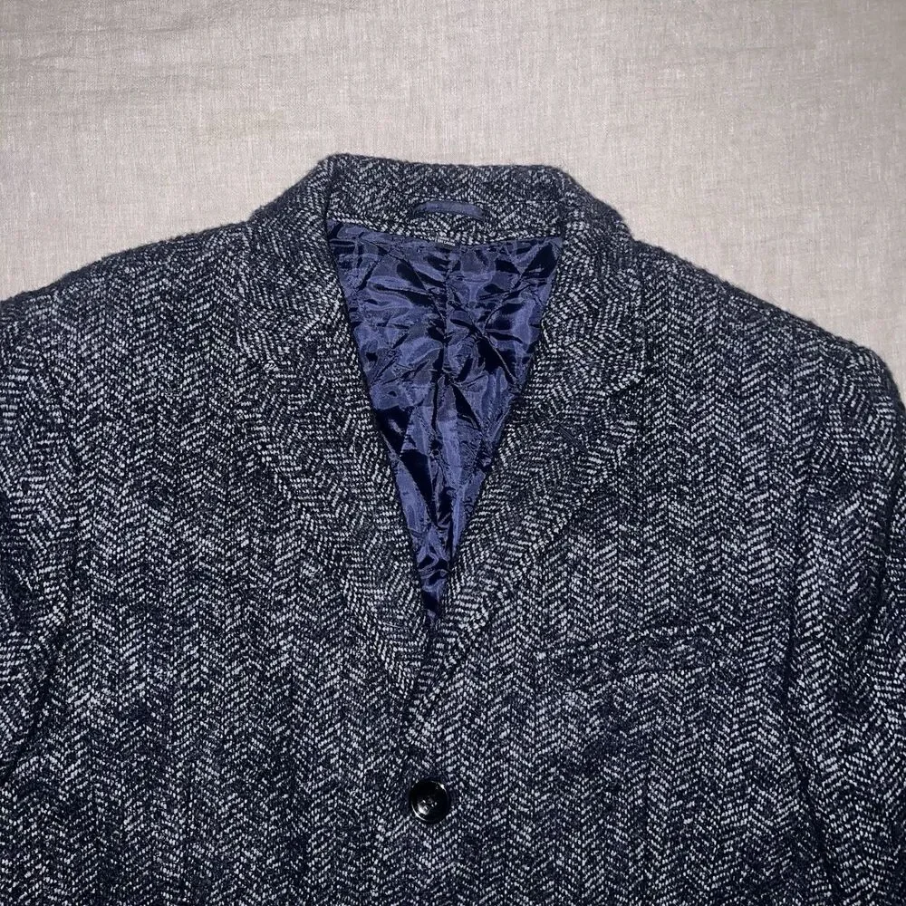 J. Crew Men’s Thompson Wool Blend Herringbone Top Coat Navy Blue Size 44R AC592
